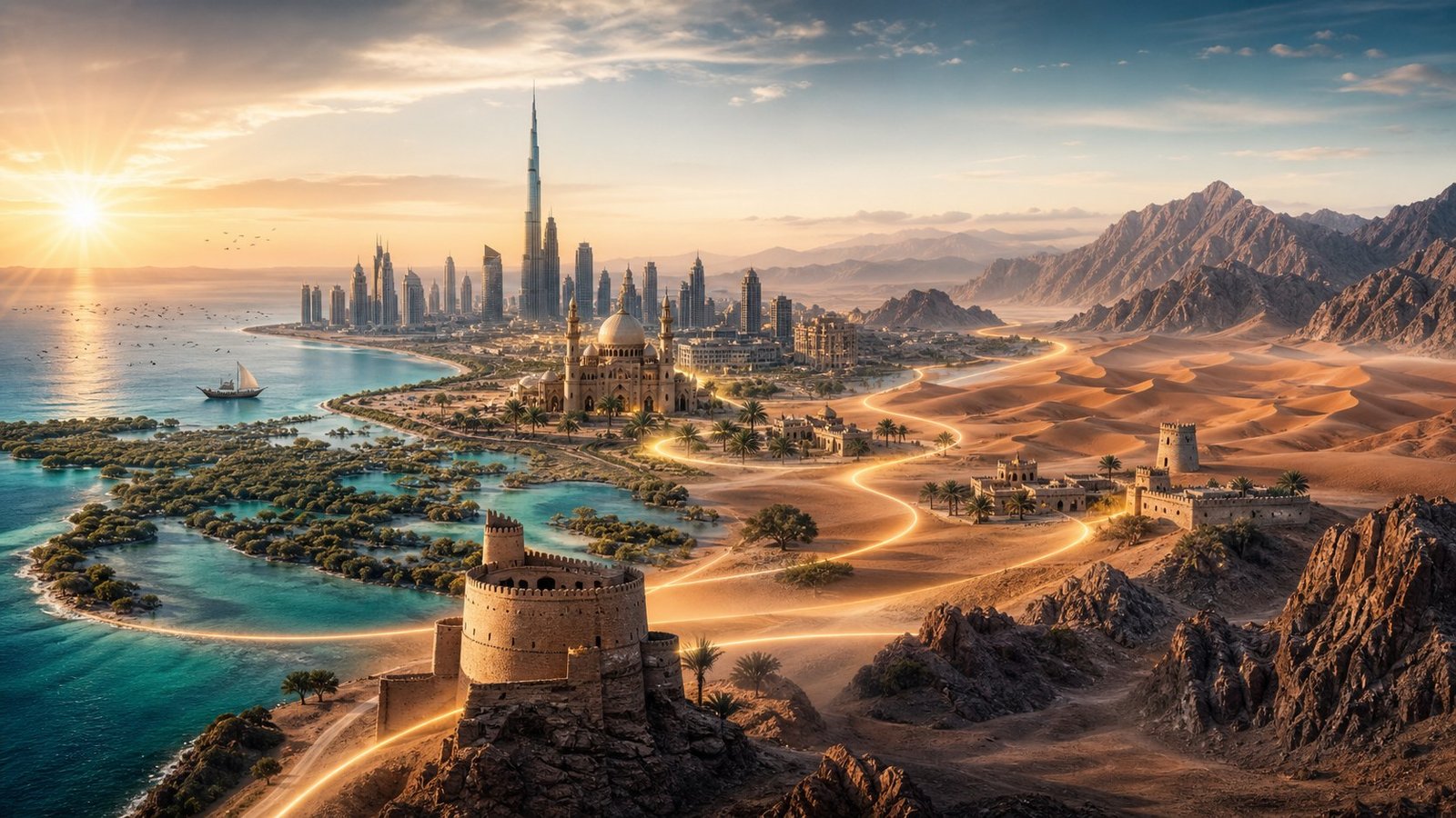 アラブ首長国連邦（UAE）の都市、海岸、砂漠、山岳を表現した風景
