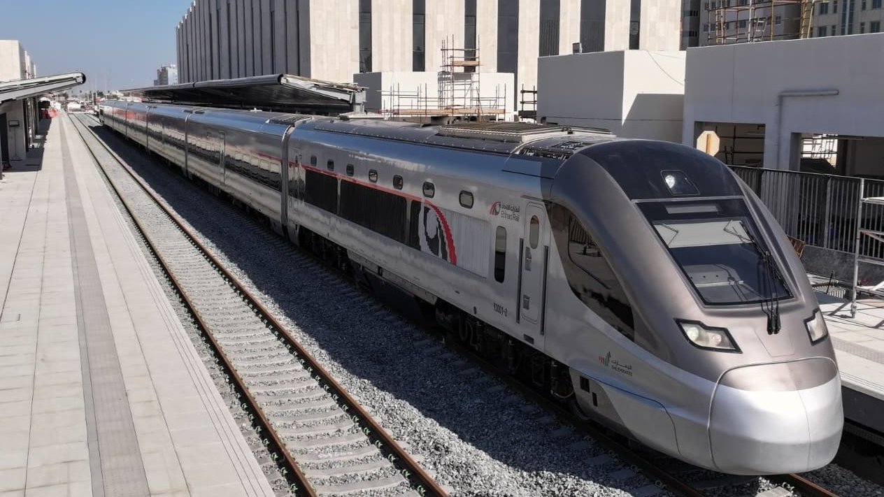 An Etihad Rail passenger train, now running between Dubai and Abu Dhabi