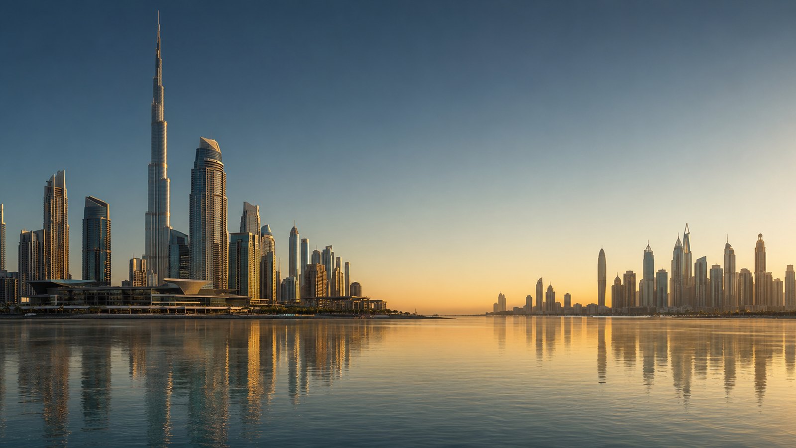 The Dubai skyline at sunset
